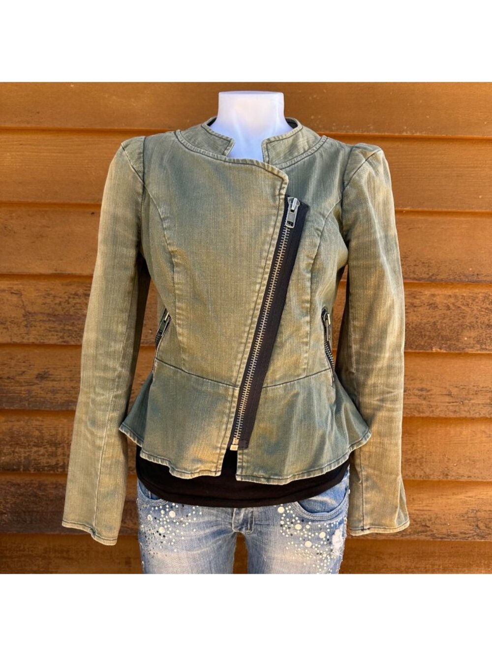 Free People Olive Green Moto Jacket With Asymmetrical Zipper Size 2